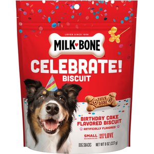 Milk-Bone CELEBRATE Birthday Cake Artificially Flavored Biscuits Small Crunchy Dog Treats, 8-oz bag