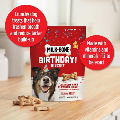 Show full view: Milk-Bone CELEBRATE Birthday Cake Artificially Flavored Biscuits Small Crunchy Dog Treats, 8-oz bag slide 6 of 11