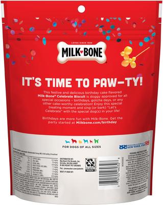 Show full view: Milk-Bone CELEBRATE Birthday Cake Artificially Flavored Biscuits Small Crunchy Dog Treats, 8-oz bag slide 4 of 11
