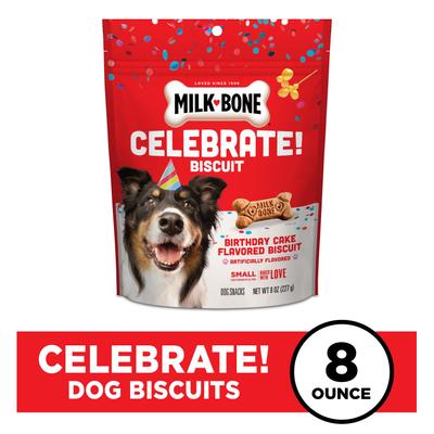 Show full view: Milk-Bone CELEBRATE Birthday Cake Artificially Flavored Biscuits Small Crunchy Dog Treats, 8-oz bag slide 3 of 11