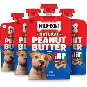 Milk-Bone Jif Natural Peanut Butter Spread Lickable Dog Treat, 5-oz pouch, case of 4