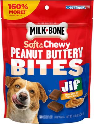 Show full view: Milk-Bone Peanut Buttery Bites with Jif Peanut Butter Soft & Chewy Dog Treats, 11.8-oz bag slide 9 of 11