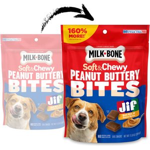Milk-Bone Peanut Buttery Bites with Jif Peanut Butter Soft & Chewy Dog Treats, 11.8-oz bag