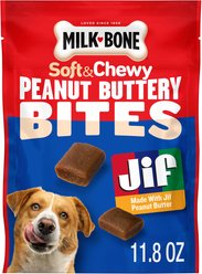 Milk-Bone Peanut Buttery Bites with Jif Peanut Butter Soft & Chewy Dog Treats, 11.8-oz bag