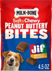 Milk-Bone Peanut Buttery Bites with Jif Peanut Butter Soft & Chewy Dog Treats, 4.5-oz bag