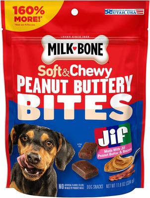 Show full view: Milk-Bone Peanut Buttery Bites with Real Peanut Butter & Bacon Soft & Chewy Dog Treats, 11.8-oz bag slide 9 of 11