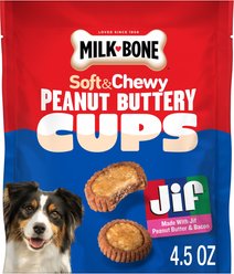 Milk-Bone Peanut Buttery Cups with Jif Peanut Butter & Real Bacon Soft & Chewy Dog Treats, 4.5-oz bag
