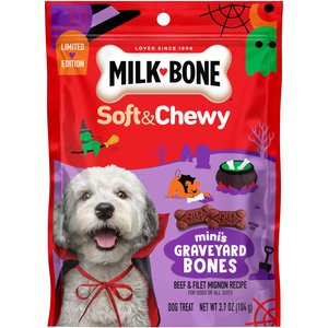Milk-Bone Soft & Chewy Mini’s Graveyard Bones Beef & Filet Mignon Halloween Dog Treats, 3.7-oz pouch