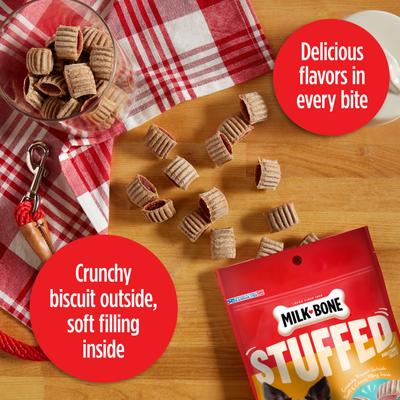 Show full view: Milk-Bone Stuffed Biscuits with Real Bacon & Beef Dog Treats, 10-oz pouch, case of 5 slide 4 of 11
