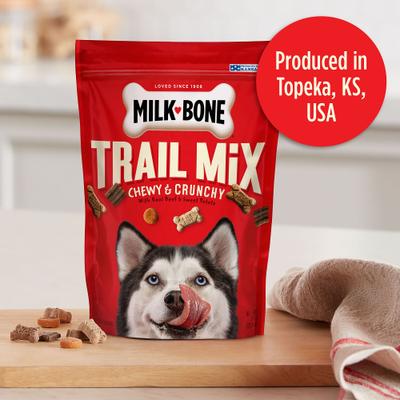 Show full view: Milk-Bone Trail Mix with Real Beef & Sweet Potato Chewy & Crunchy Dog Treats, 9-oz bag, bundle of 6 slide 6 of 12