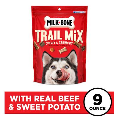 Show full view: Milk-Bone Trail Mix with Real Beef & Sweet Potato Chewy & Crunchy Dog Treats, 9-oz bag, bundle of 6 slide 3 of 12
