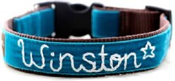 Mimi Green Hand Embroidered Velvet Personalized Dog Collar, Zack Teal, Medium Long: 15 to 18-in neck, 1-in wide