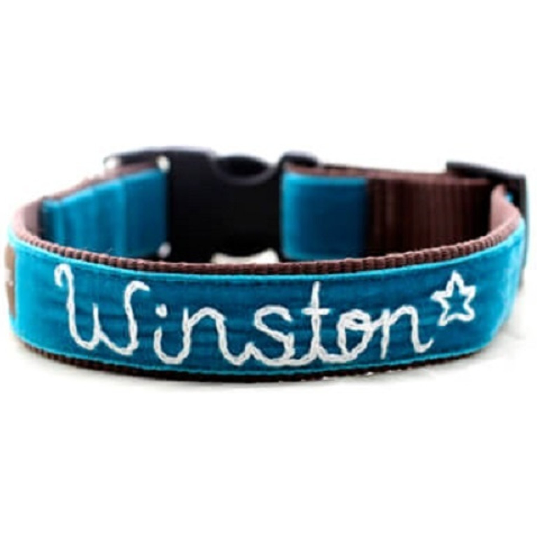 Mimi Green Hand Embroidered Velvet Personalized Dog Collar, Zack Teal, Medium Long: 15 to 18-in neck, 1-in wide
