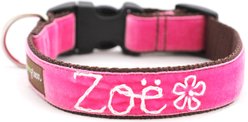 Mimi Green Hand Embroidered Velvet Personalized Dog Collar, Zoe Pink, Small: 9 to 12-in neck, 5/8-in wide
