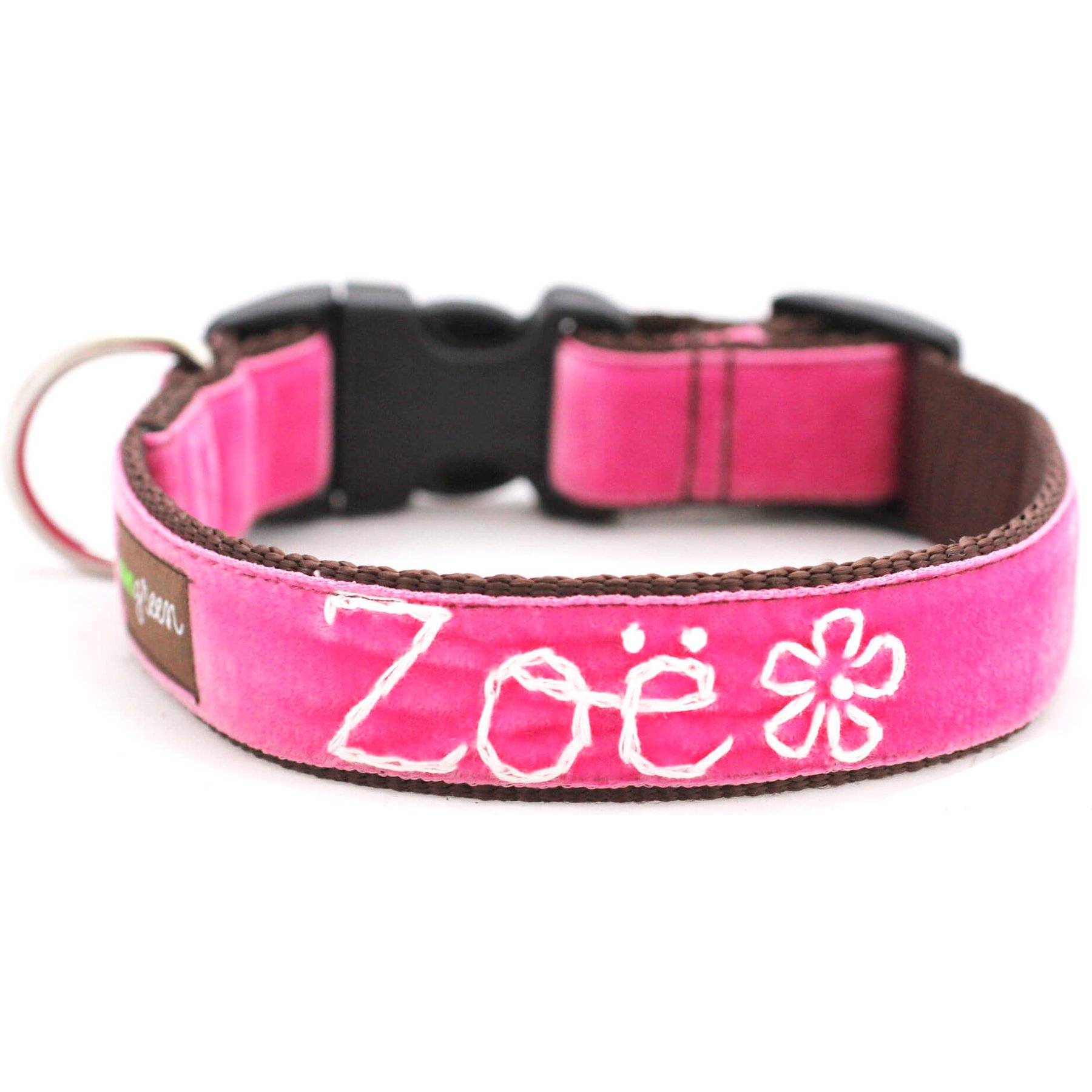 Mimi Green Hand Embroidered Velvet Personalized Dog Collar, Zoe Pink, Small: 9 to 12-in neck, 5/8-in wide