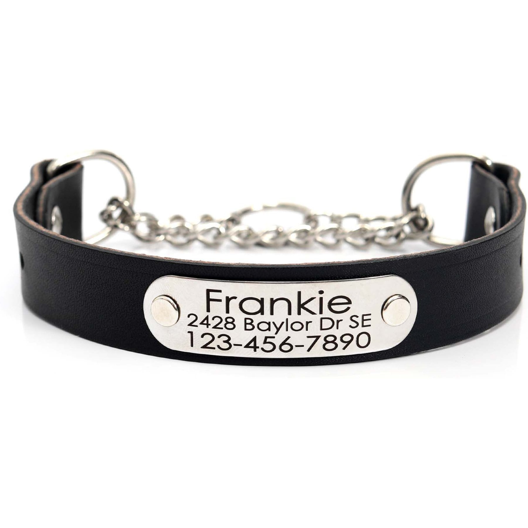Mimi Green Leather Martingale Dog Collar with ID Riveted Nameplate, Black, Medium