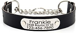 Mimi Green Leather Martingale Dog Collar with ID Riveted Nameplate, Black, Medium/Long
