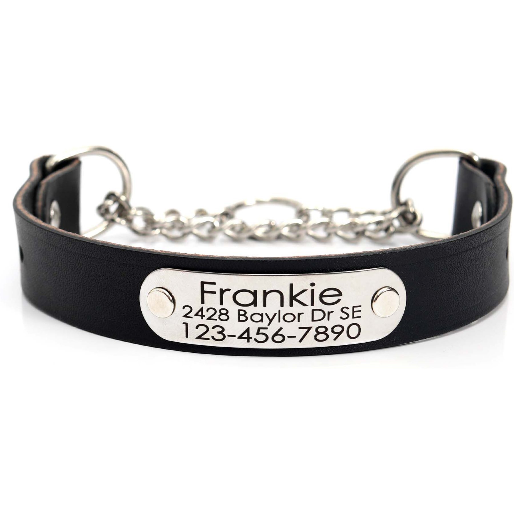 Mimi Green Leather Martingale Dog Collar with ID Riveted Nameplate, Black, X-Large