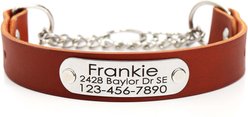 Mimi Green Leather Martingale Dog Collar with ID Riveted Nameplate, Chestnut, Medium