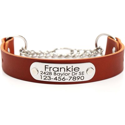 Mimi Green Mimi Green Leather Martingale Dog Collar with ID Riveted Nameplate, Chestnut, X-Large