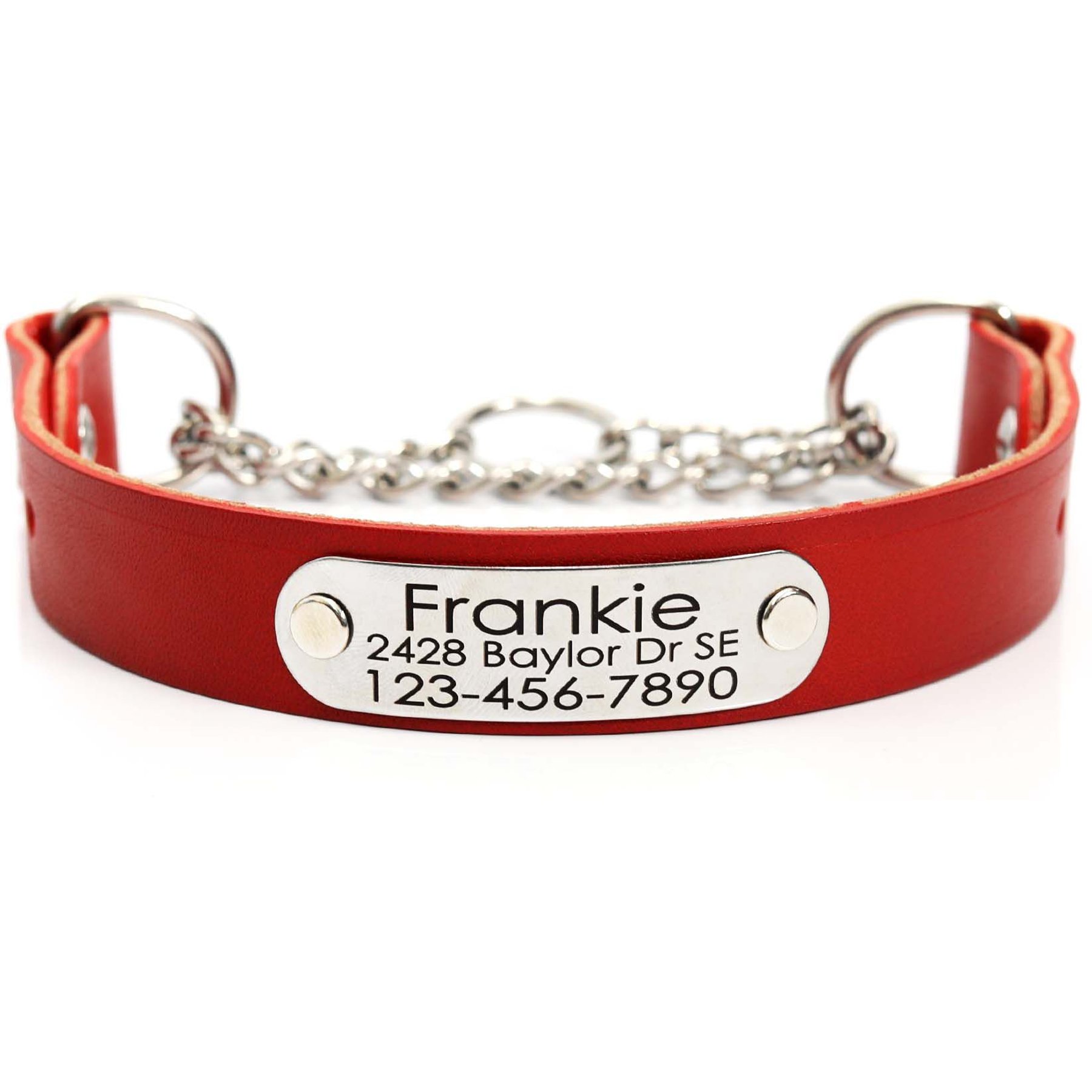 Mimi Green Leather Martingale Dog Collar with ID Riveted Nameplate, Red, Medium/Long