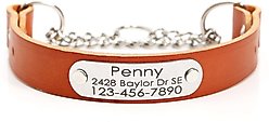Mimi Green Leather Martingale Dog Collar with ID Riveted Nameplate, Tan, Medium