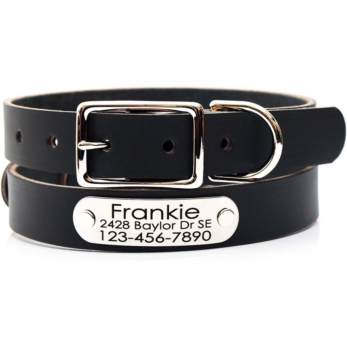 Mimi Green Leather with Personalized Name Plate Dog Collar, Black, Large: 22 to 25-in neck, 1-in wide