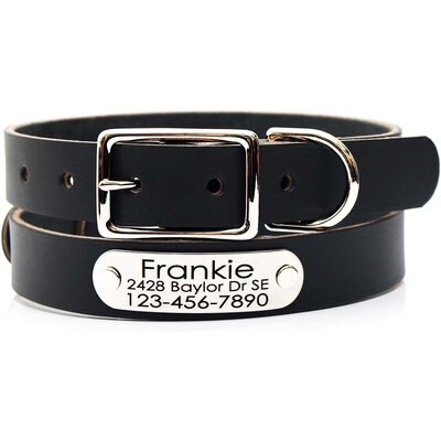 Mimi Green Mimi Green Leather with Personalized Name Plate Dog Collar, Black, Large: 22 to 25-in neck, 1-in wide