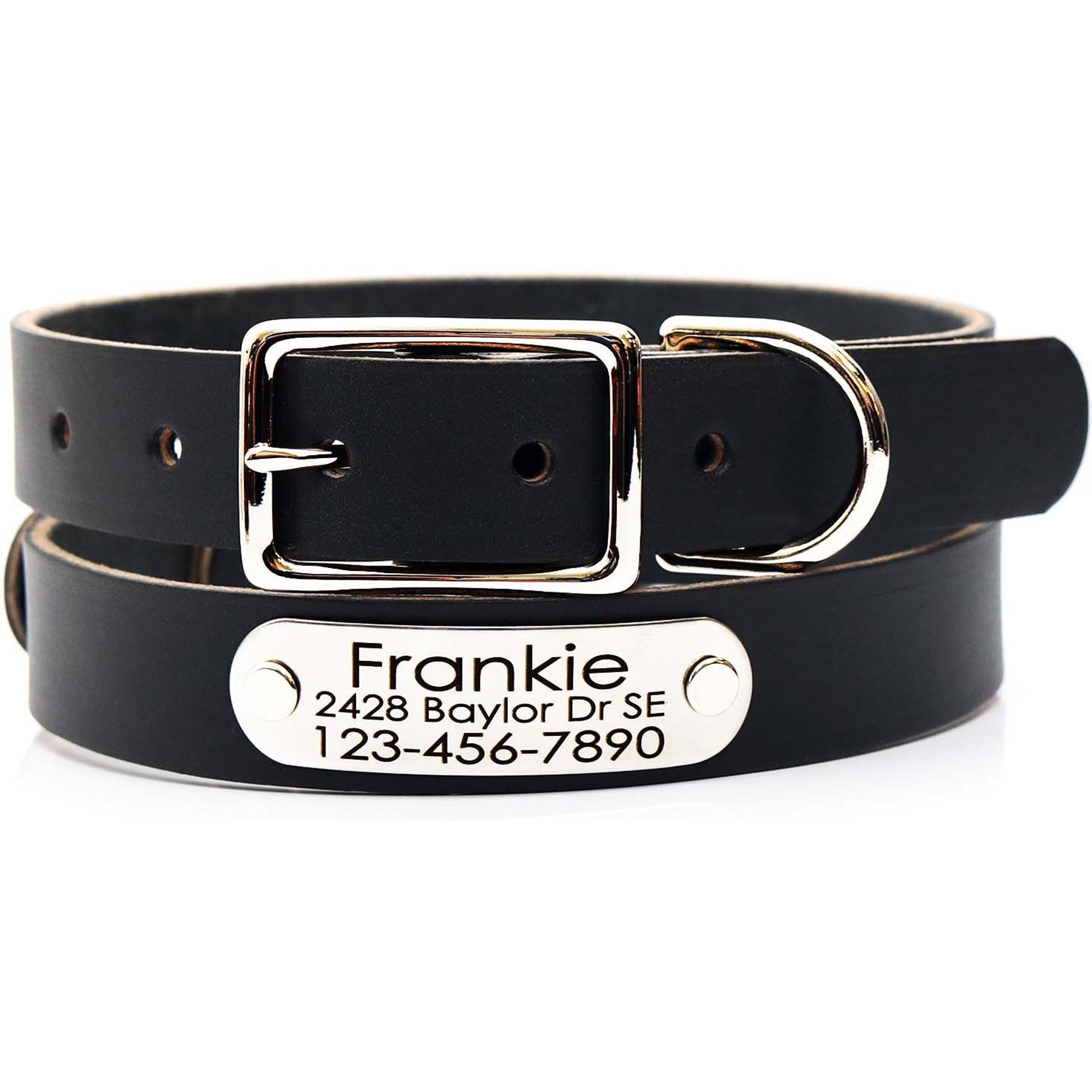 Mimi Green Leather with Personalized Name Plate Dog Collar, Black, Small: 10 to 13-in neck, 5/8-in wide