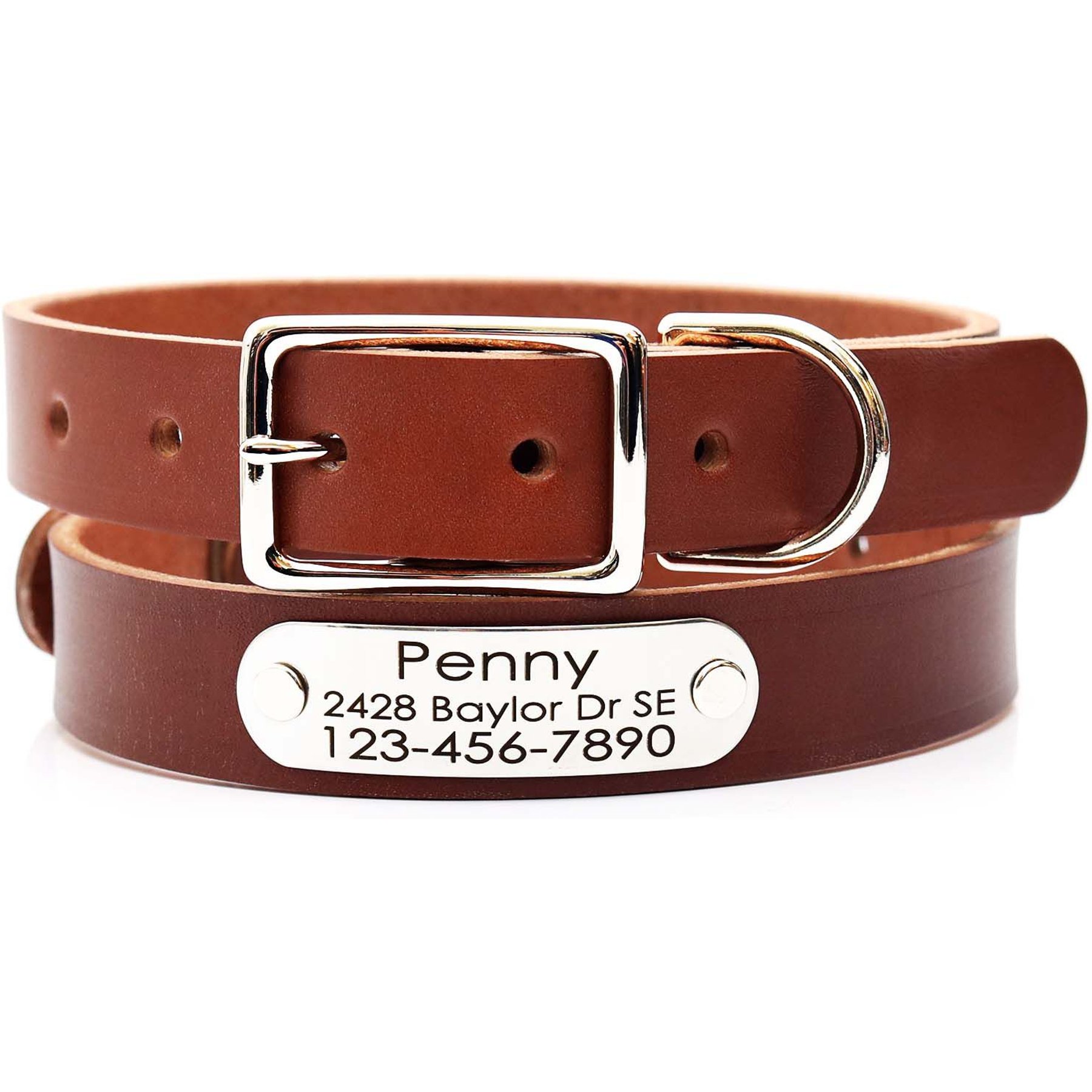 Mimi Green Leather with Personalized Name Plate Dog Collar, Brown, Large: 22 to 25-in neck, 1-in wide