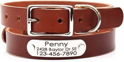 Mimi Green Leather with Personalized Name Plate Dog Collar, Brown, Medium-Large: 18 to 22-in neck, 1-in wide