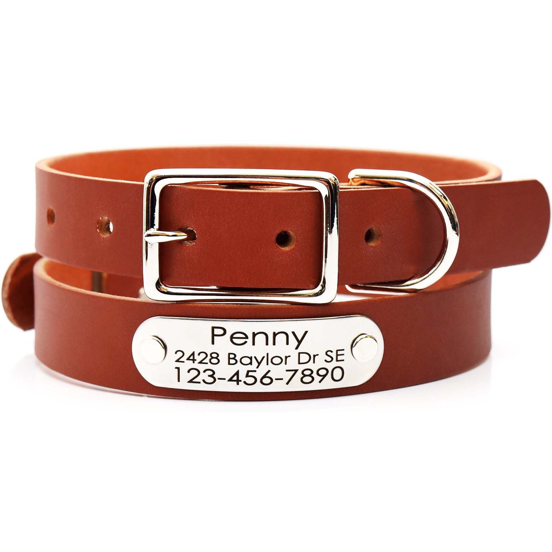 Mimi Green Leather with Personalized Name Plate Dog Collar, Chestnut, Large: 22 to 25-in neck, 1-in wide