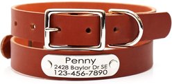 Mimi Green Leather with Personalized Name Plate Dog Collar, Chestnut, Medium: 14 to 17-in neck, 3/4-in wide