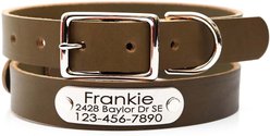 Mimi Green Leather with Personalized Name Plate Dog Collar, Olive, Large: 22 to 25-in neck, 1-in wide