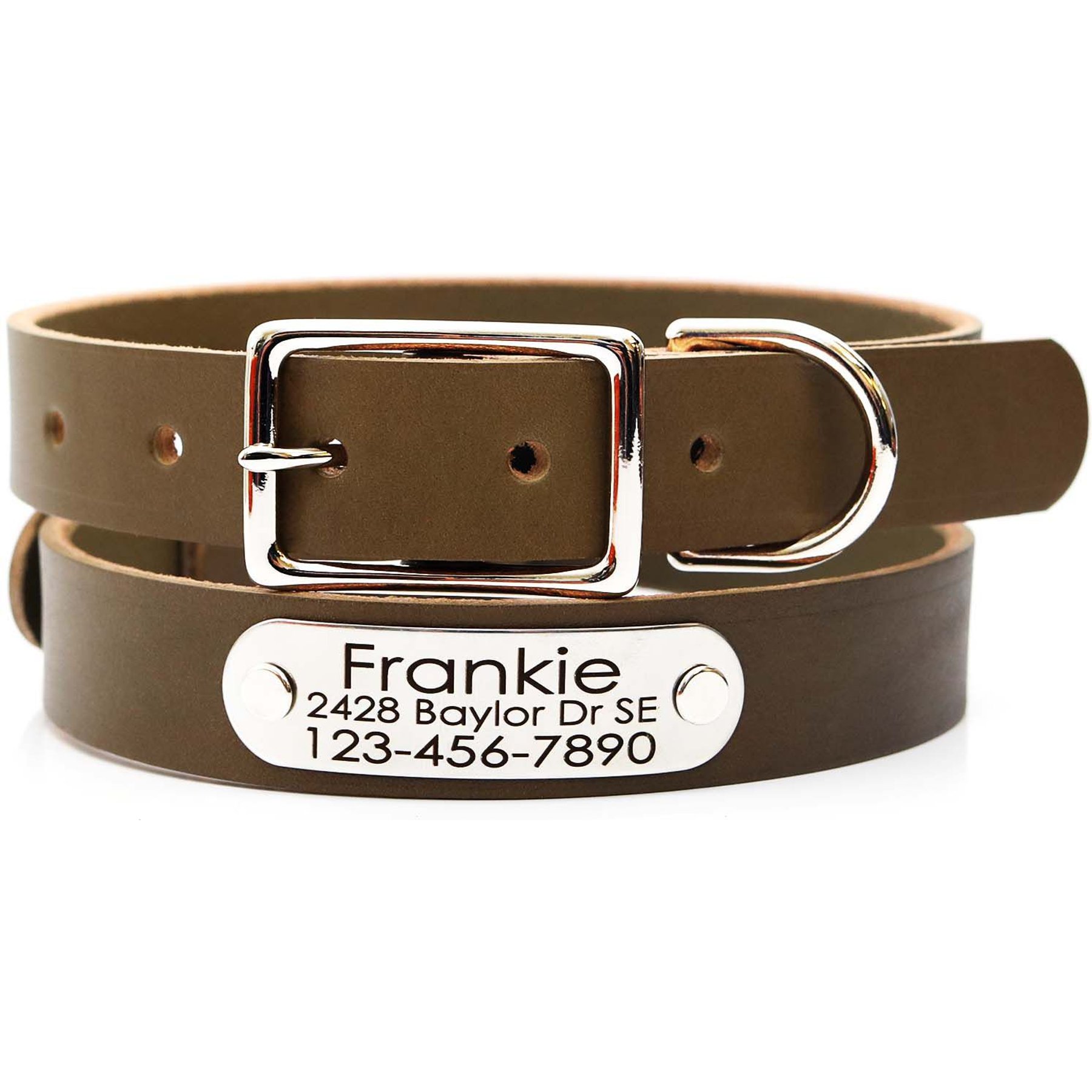 Mimi Green Leather with Personalized Name Plate Dog Collar, Olive, Small: 11 to 14-in neck, 3/4-in wide