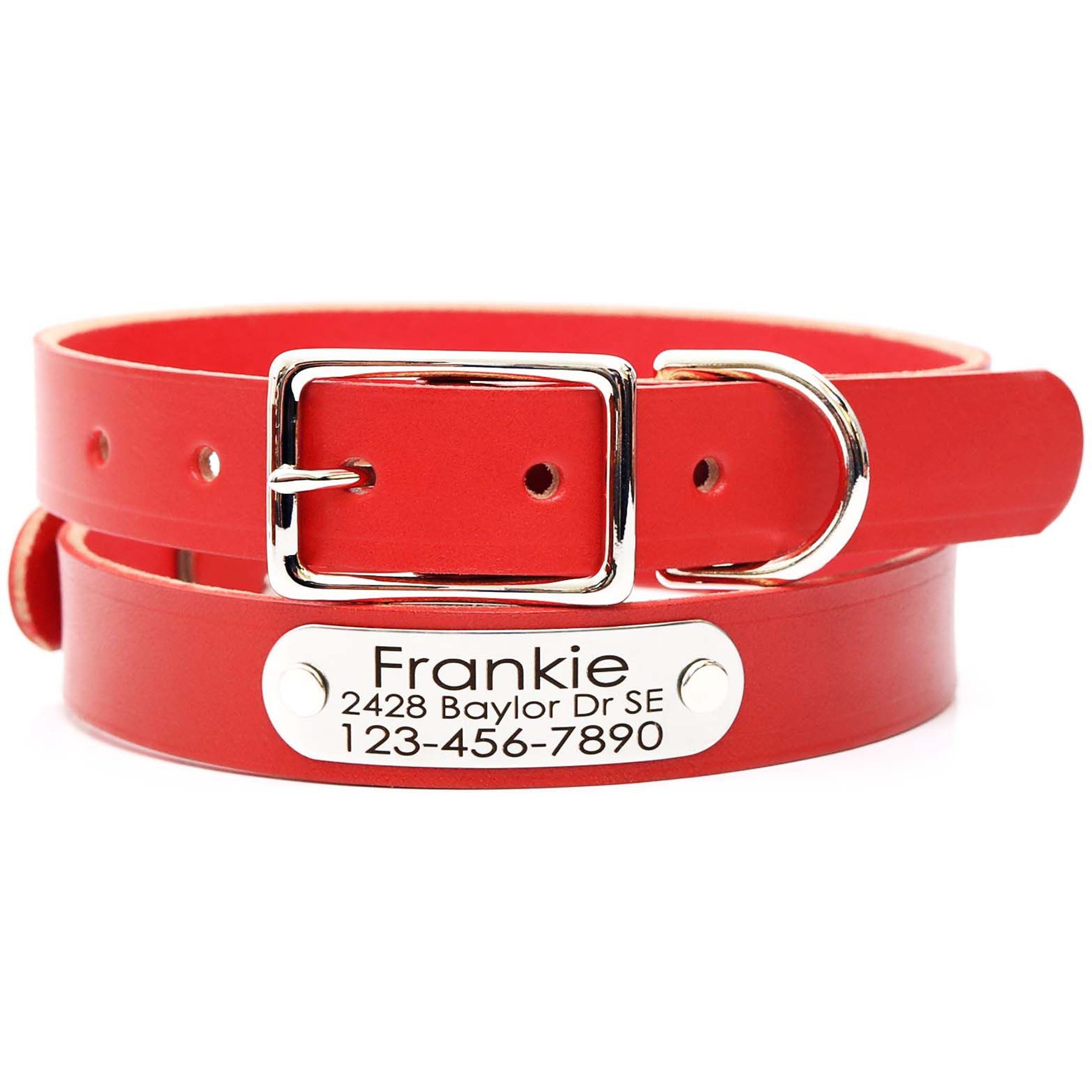 Mimi Green Leather with Personalized Name Plate Dog Collar, Red, Small: 11 to 14-in neck, 3/4-in wide