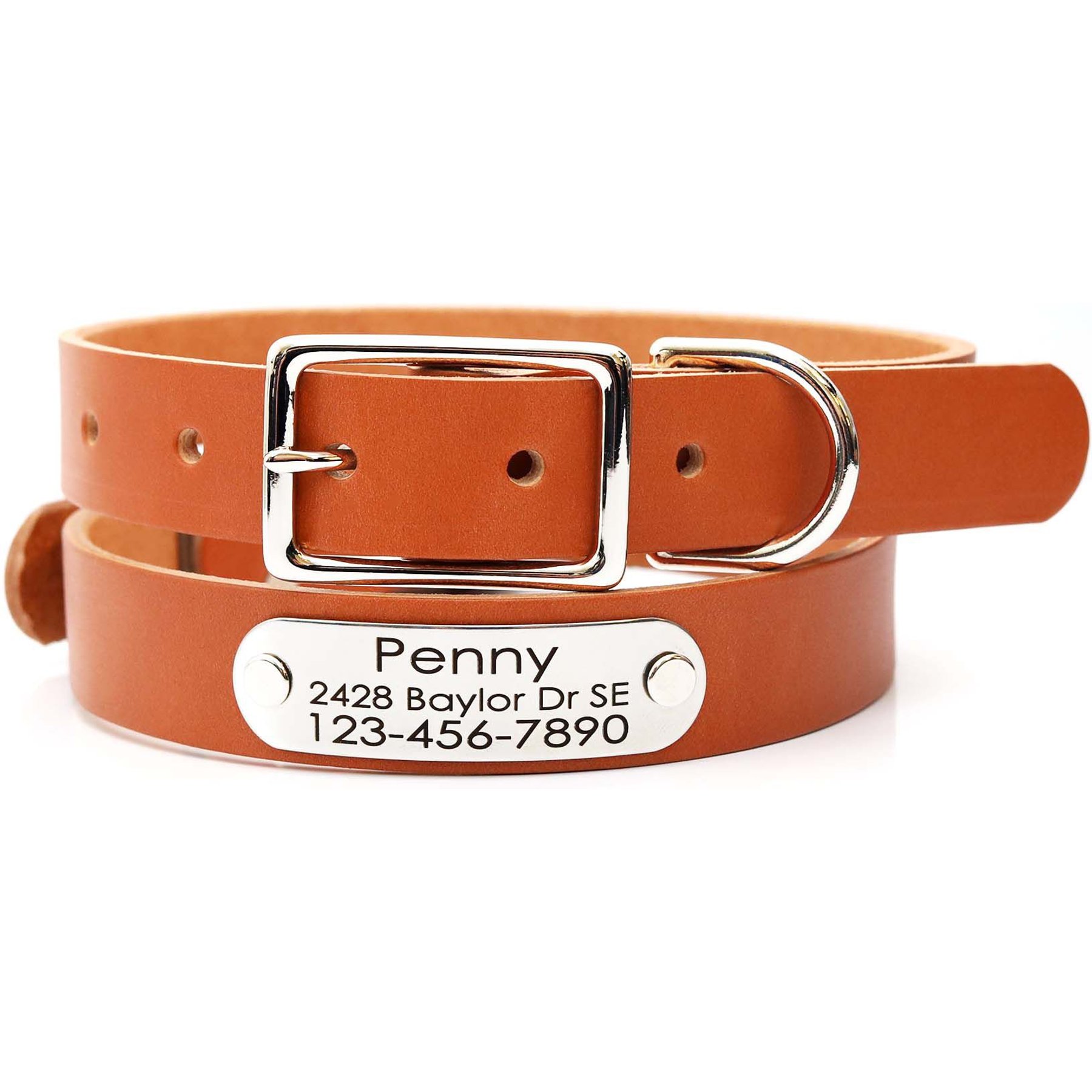 Mimi Green Leather with Personalized Name Plate Dog Collar, Tan, Large: 22 to 25-in neck, 1-in wide
