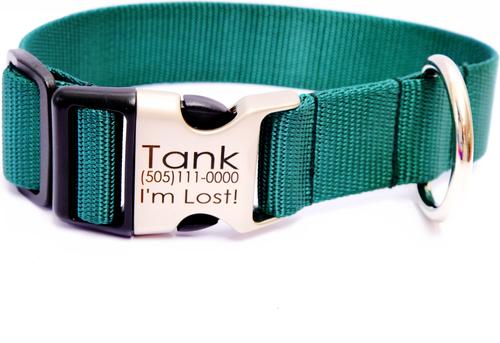 Show full view: Mimi Green Nylon Personalized Dog Collar + ID Tag, Forest Green, Medium: 12 to 15-in neck, 1.5-in wide slide 1 of 2