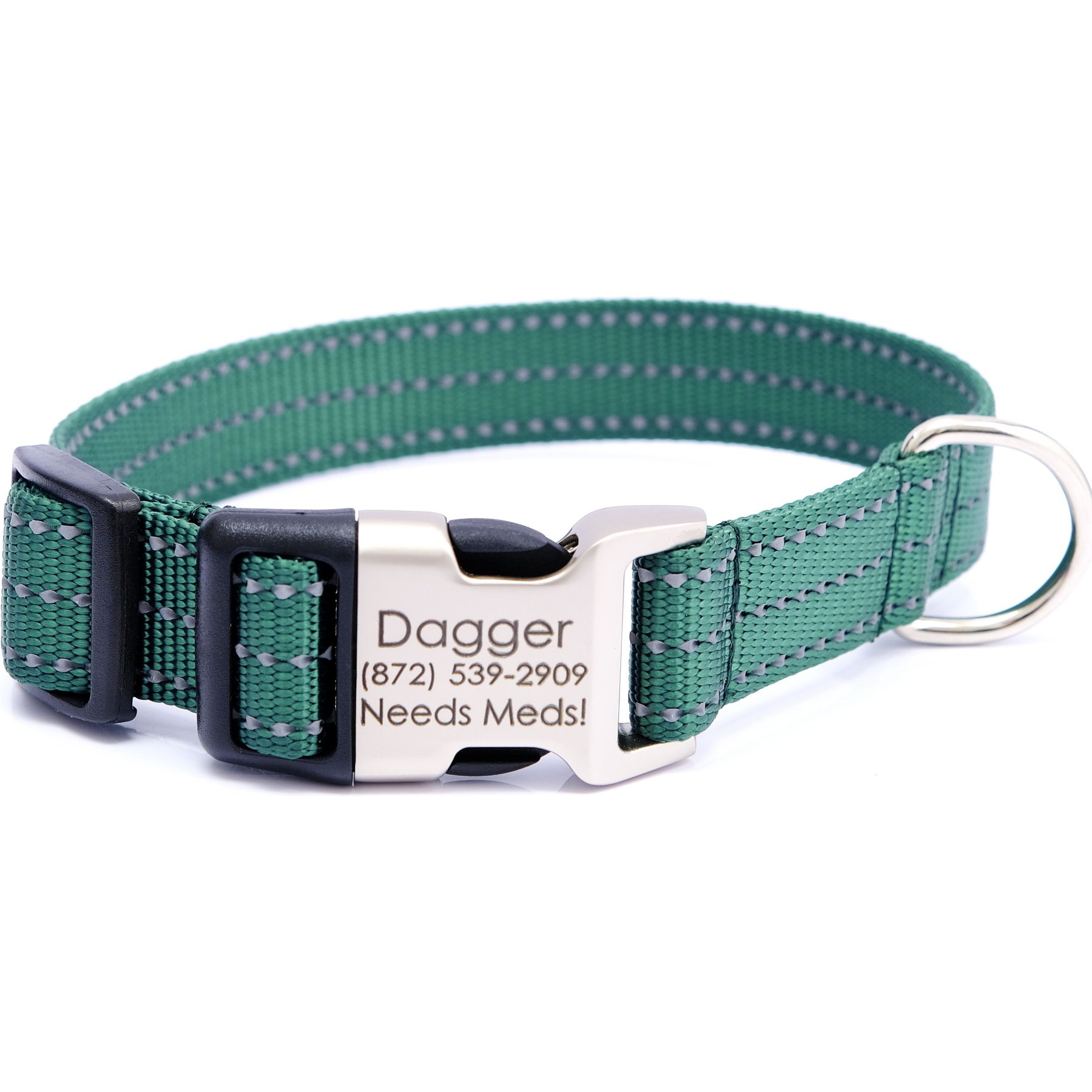 Mimi Green Nylon Personalized Reflective Hybrid Buckle Dog Collar, Forest Green, Medium/Large