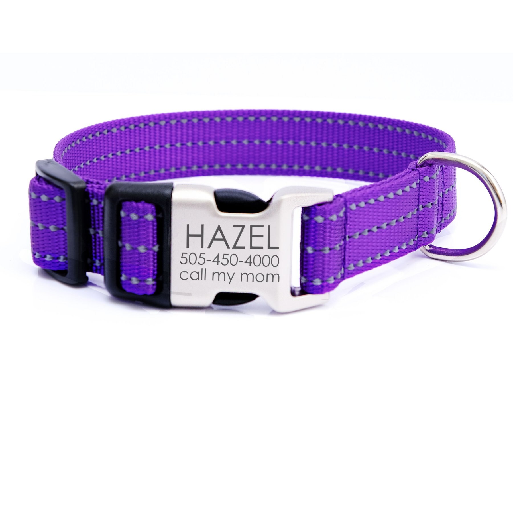 Mimi Green Nylon Personalized Reflective Hybrid Buckle Dog Collar, Purple, Medium/Large