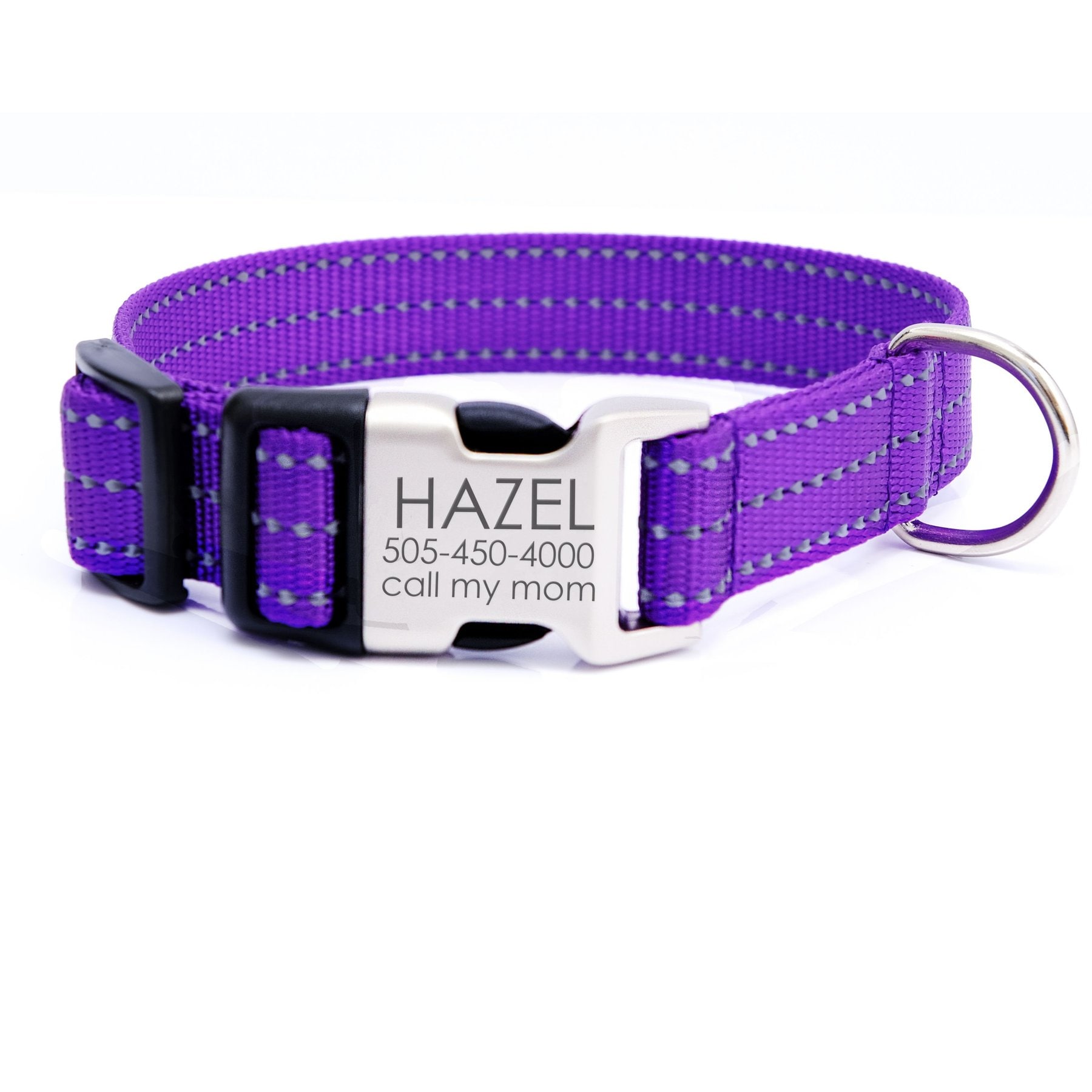 Mimi Green Nylon Personalized Reflective Hybrid Buckle Dog Collar, Purple, Small