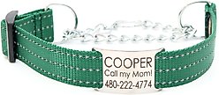 Mimi Green Nylon Personalized Reflective Martingale Dog Collar with Chain, Forest Green, Medium: 12 to 15-in neck, 1-in wide