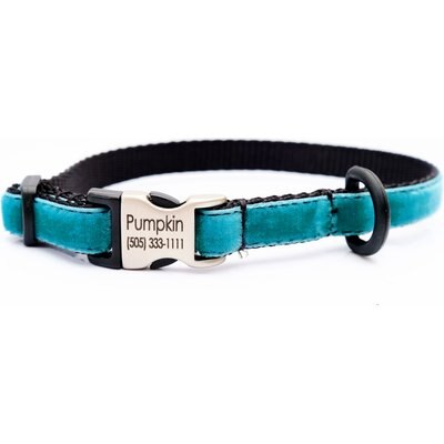 Mimi Green Mimi Green Nylon Velvet Personalized Dog & Cat Collar, Zack Teal, X-Small: 6 to 8-in neck, 3/8-in wide