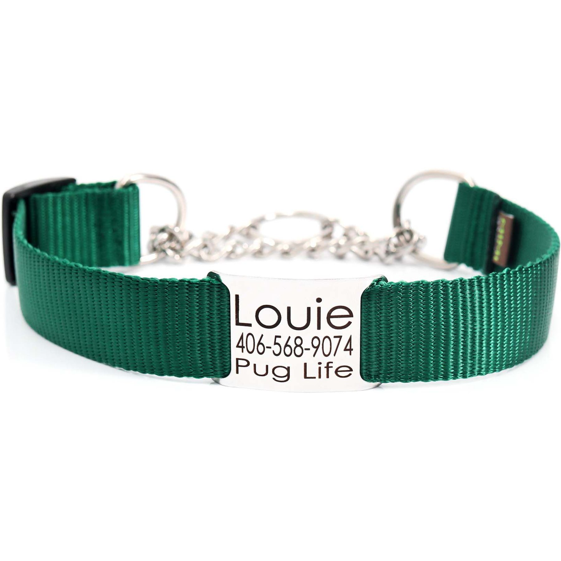 Mimi Green Personalized Chain Martingale Dog Collar, Forest Green, Large
