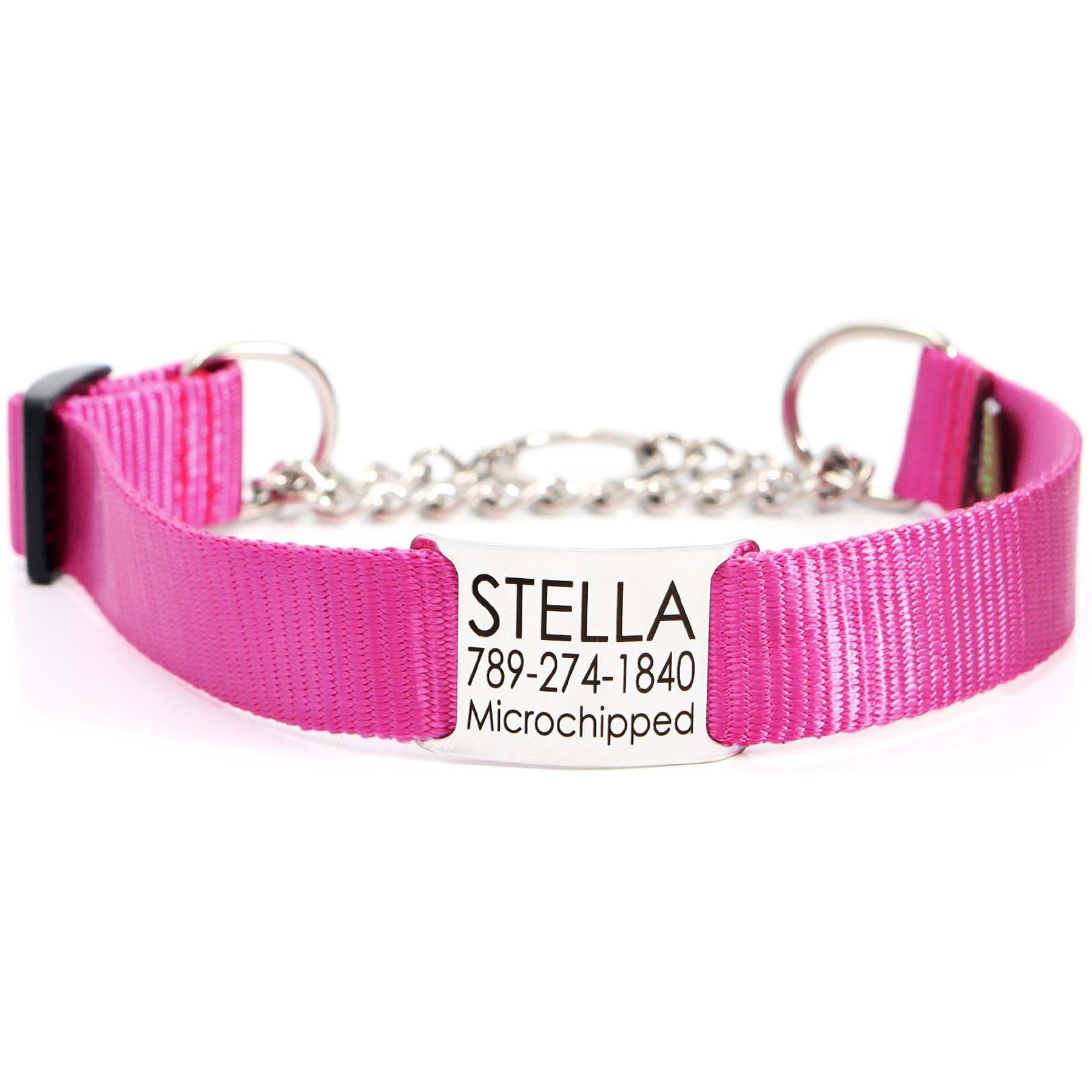 Mimi Green Personalized Chain Martingale Dog Collar, Raspberry, Small