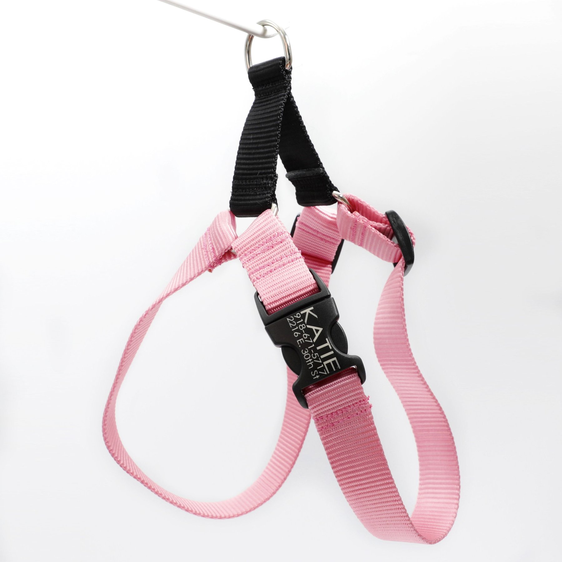 Mimi Green Personalized Nylon Harness with Black Plastic Buckle Dog Harness, Pink, Small