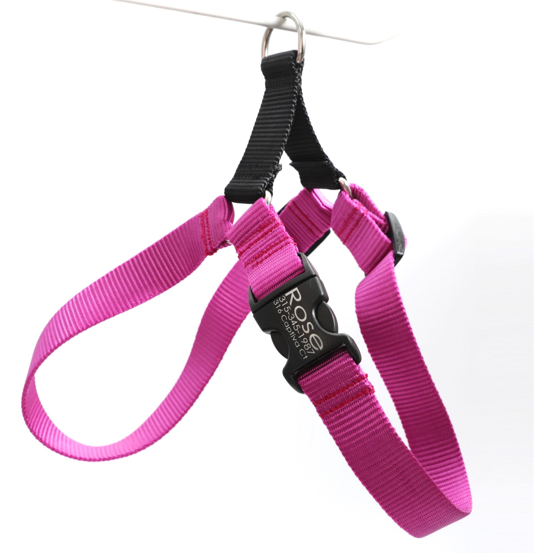 Mimi Green Personalized Nylon Harness with Black Plastic Buckle Dog Harness, Raspberry, Small
