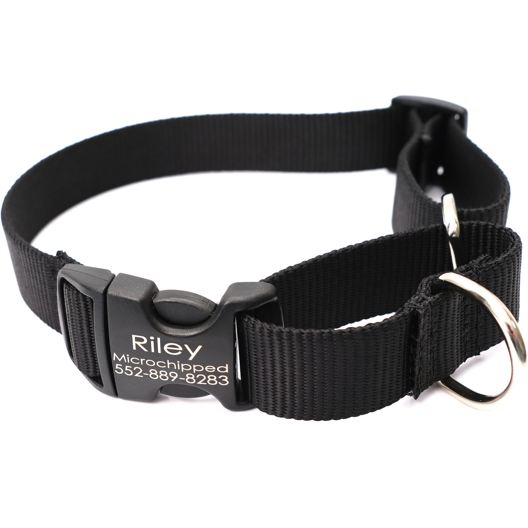 Mimi Green Personalized Nylon Martingale with Black Plastic Buckle Dog Collar, Black, Medium 5/8''