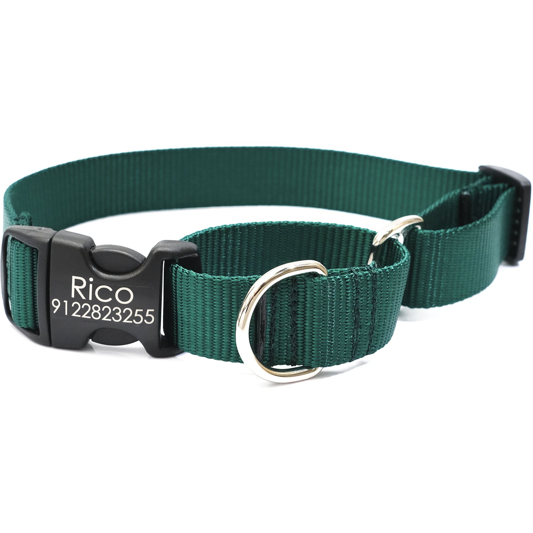 Mimi Green Personalized Nylon Martingale with Black Plastic Buckle Dog Collar, Forest Green, Medium 1"