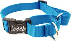 Mimi Green Personalized Nylon Martingale with Black Plastic Buckle Dog Collar, Peacock Blue, Medium 1"